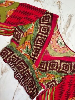 Vintage Christina Fairbanks Boho Statement Sleeves Patchwork Top Sz L Flowy